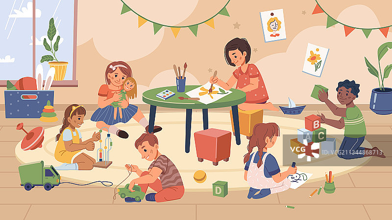 孩子们在幼儿园教室里玩玩具图片素材