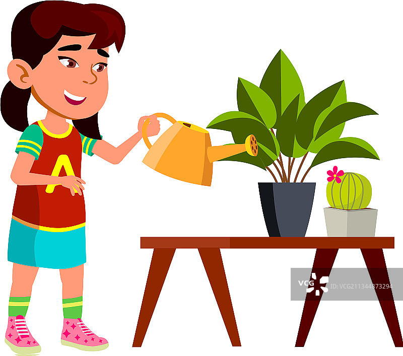 女童在花盆里浇灌植物图片素材