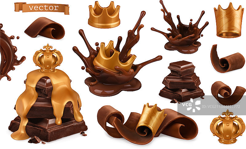巧克力与金色皇冠3D逼真图标集图片素材