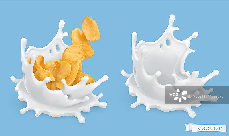 牛奶飞溅和玉米片3D写实物体图片素材