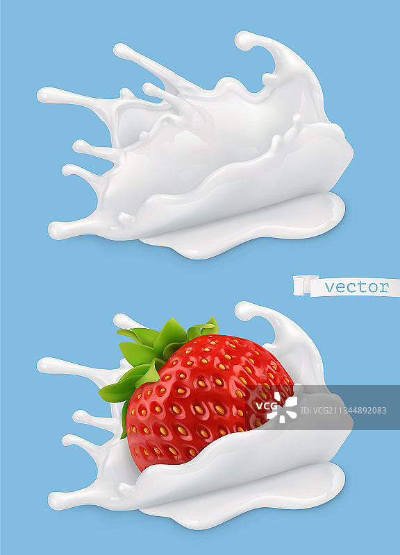 牛奶飞溅和草莓3D逼真素材图片素材