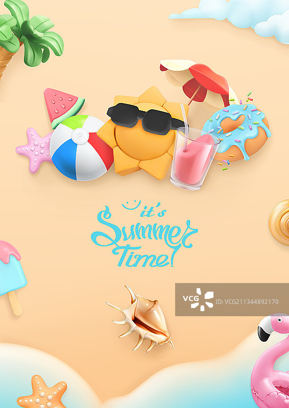 3D逼真海滩阳光夏季背景图片素材