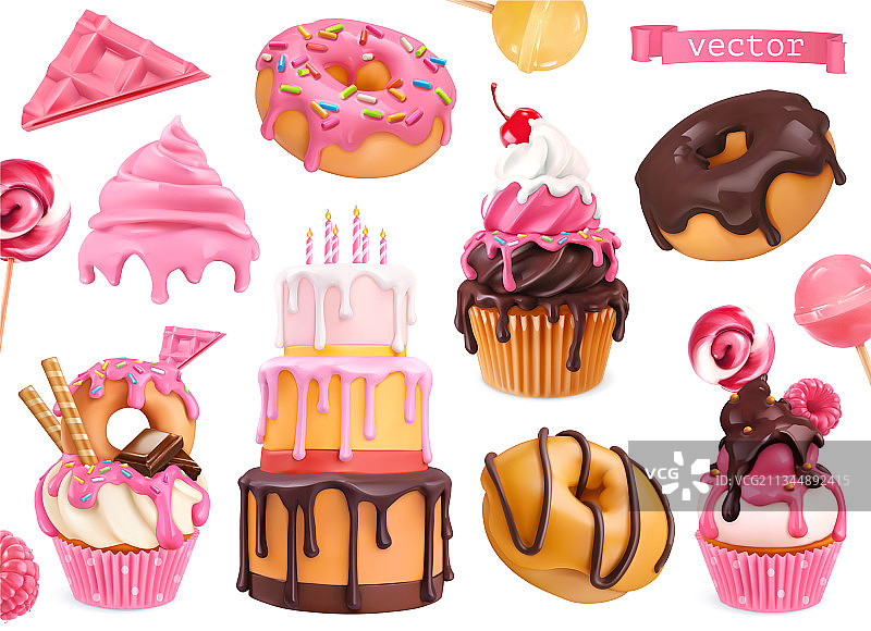 3D甜点美食：纸杯蛋糕、蛋糕、甜甜圈图片素材