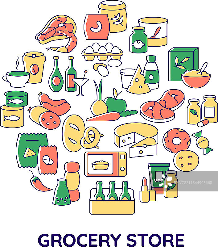 食品杂货产品抽象彩色概念布局图片素材