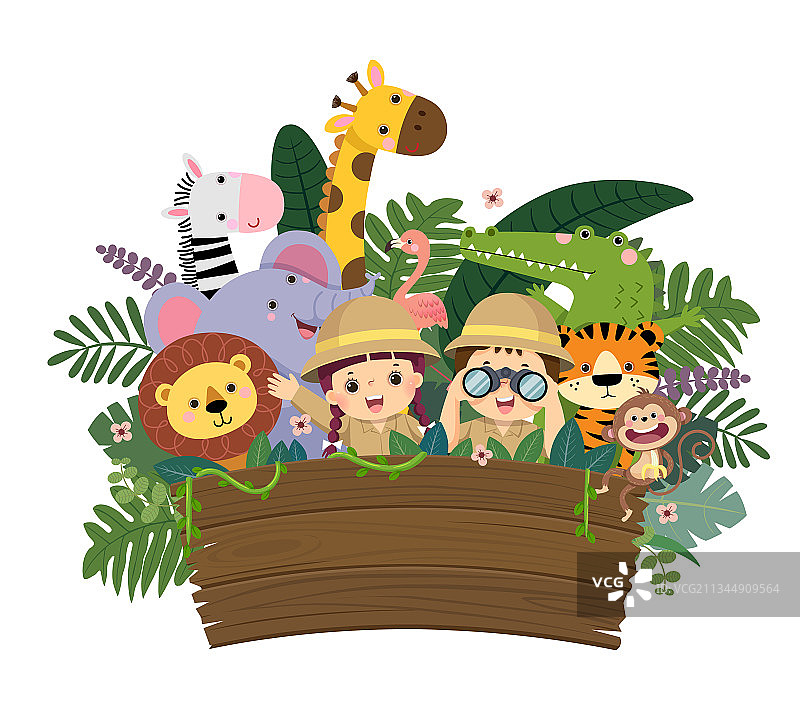 儿童与野生动物和木制标牌图片素材