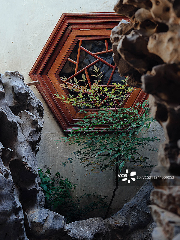 中式庭院中的六边形木窗，植物以及假山石图片素材