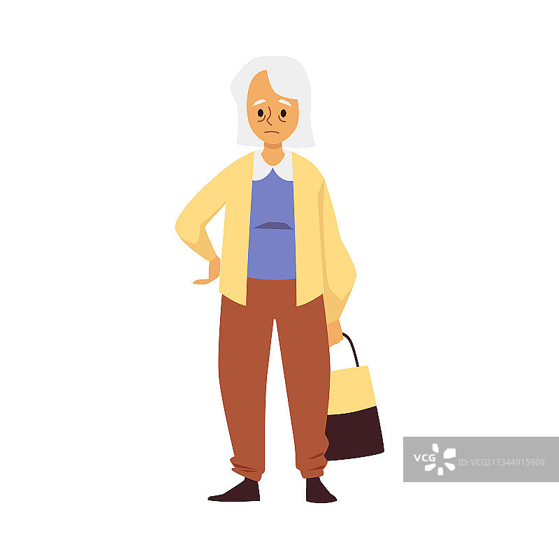 疲惫悲伤的年长女人提着购物袋站立图片素材