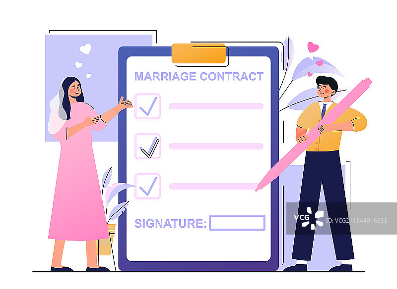 年轻新婚夫妇签署结婚证图片素材