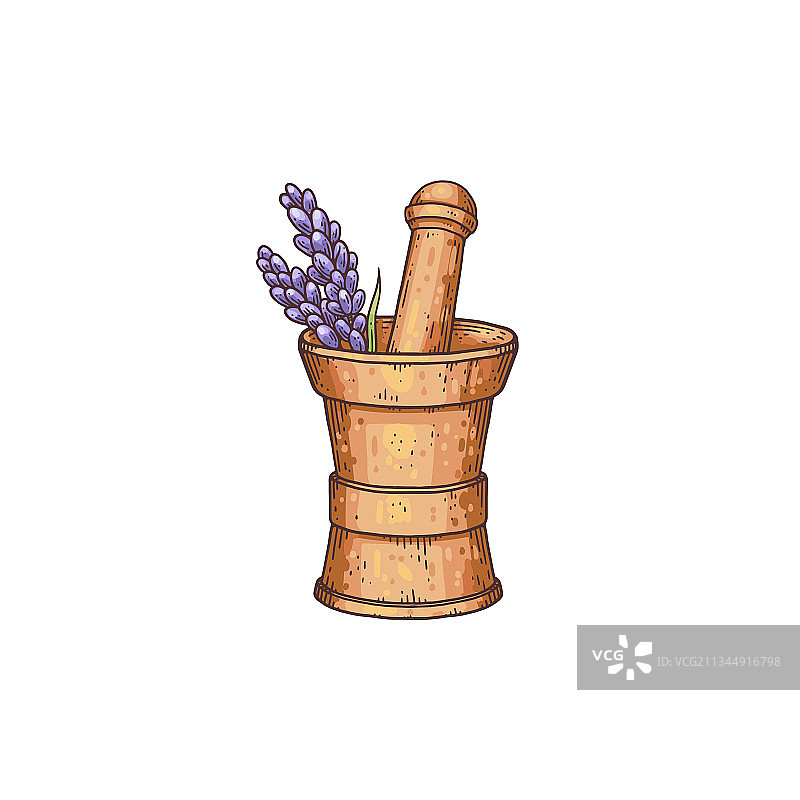 木制研钵中的薰衣草花枝图片素材