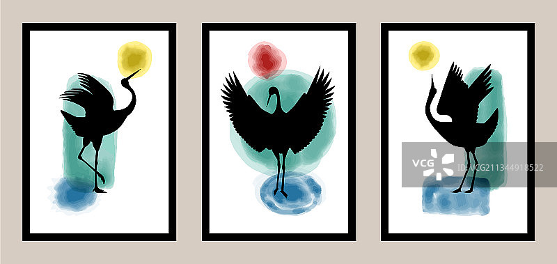 丹顶鹤抽象水彩艺术图片素材