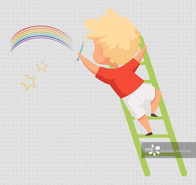 爬梯子画画的男孩背影图片素材