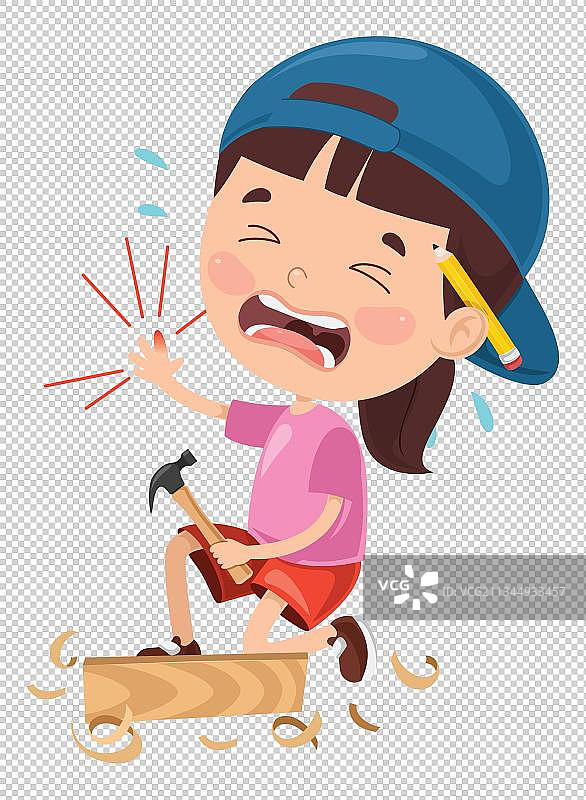 手绘卡通榔头敲到手的女孩图片素材