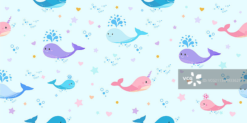 粉色独角鲸和蓝色鲸鱼儿童图案图片素材