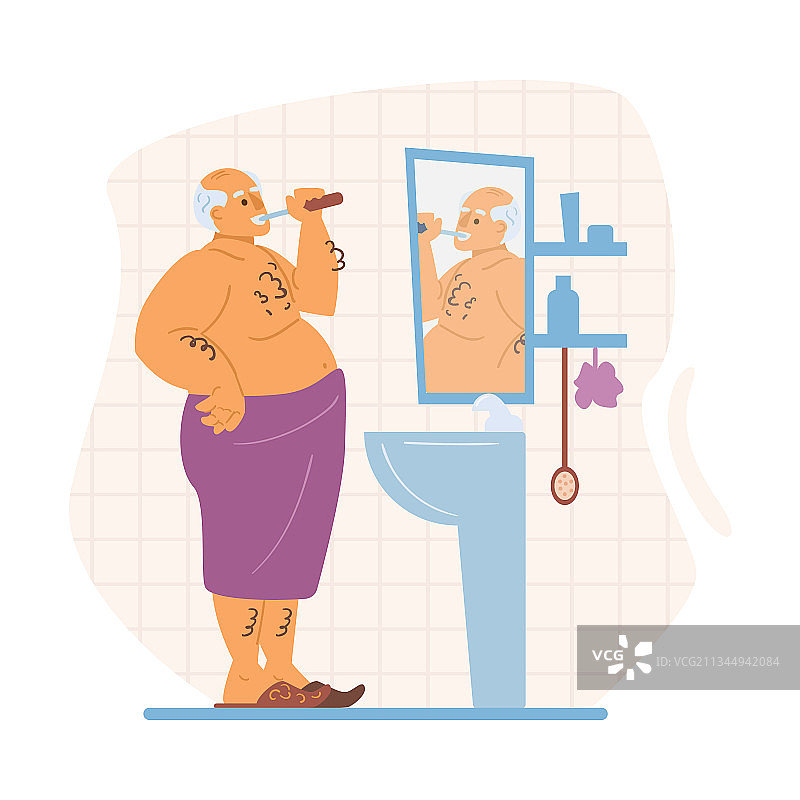 淋浴后刷牙的年长男人图片素材