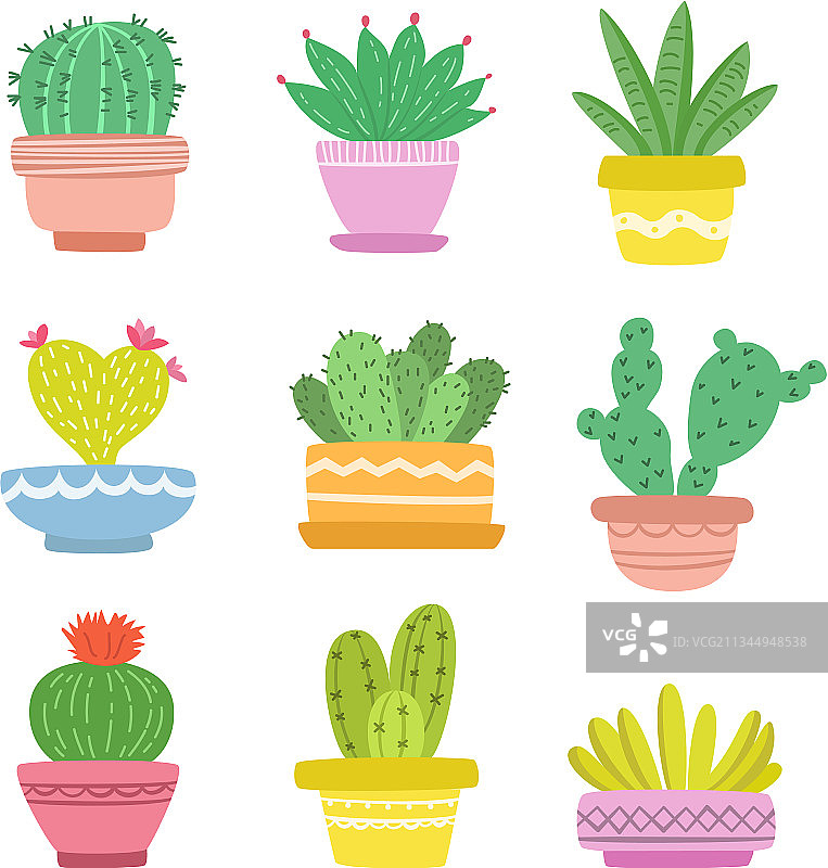 把卡通仙人掌放在可爱的花盆里图片素材