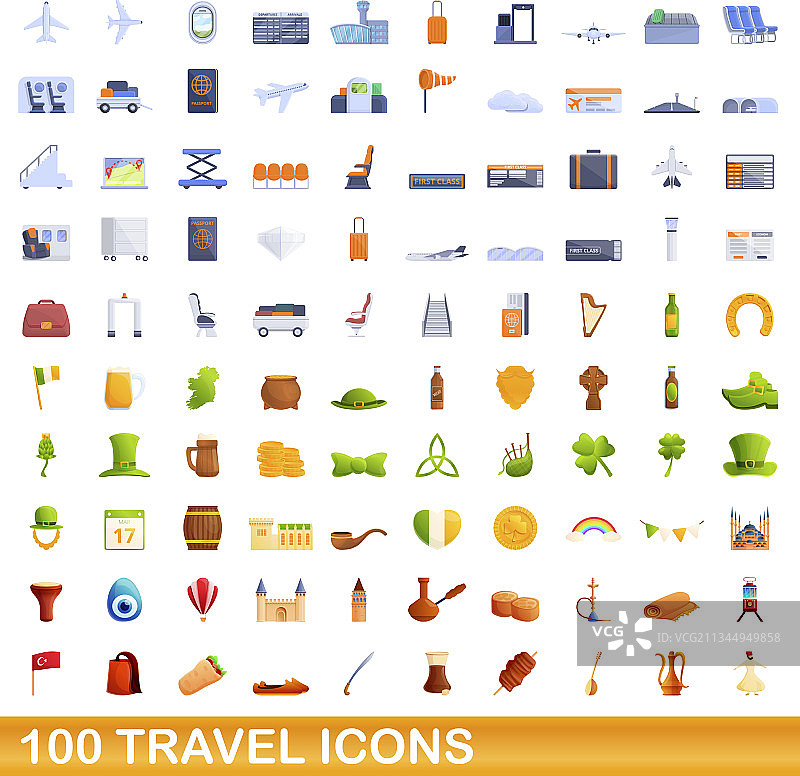 100个卡通风格旅行图标合集图片素材