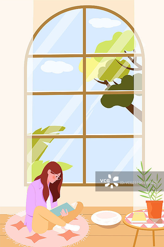 坐在窗前认真看书的女孩矢量插画图片素材