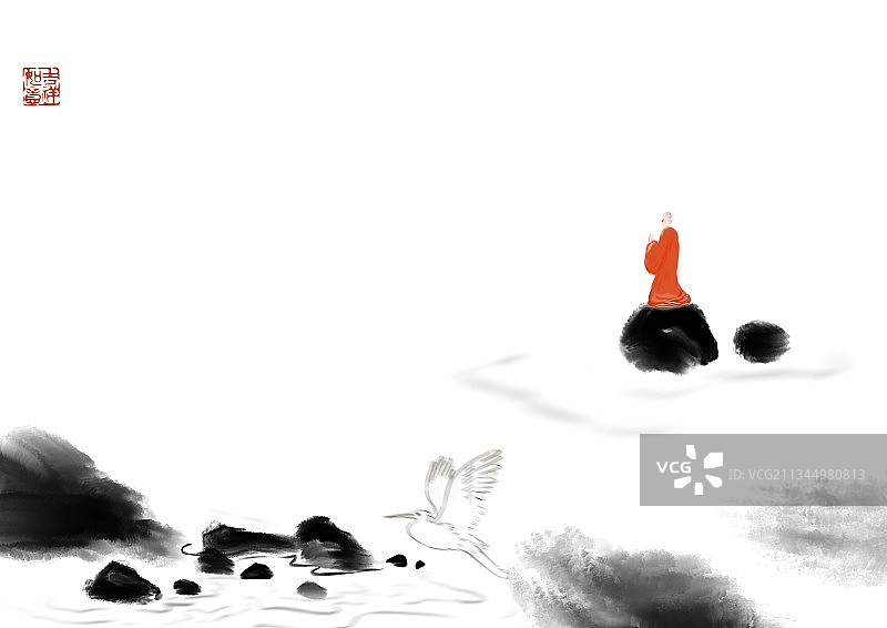 中国风传统文化禅宗水墨画趣味山水吉祥如意红衣罗汉系列插画图片素材