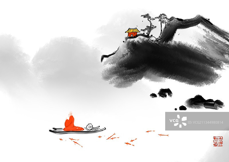 中国风传统文化禅宗水墨画趣味山水吉祥如意红衣罗汉系列插画图片素材
