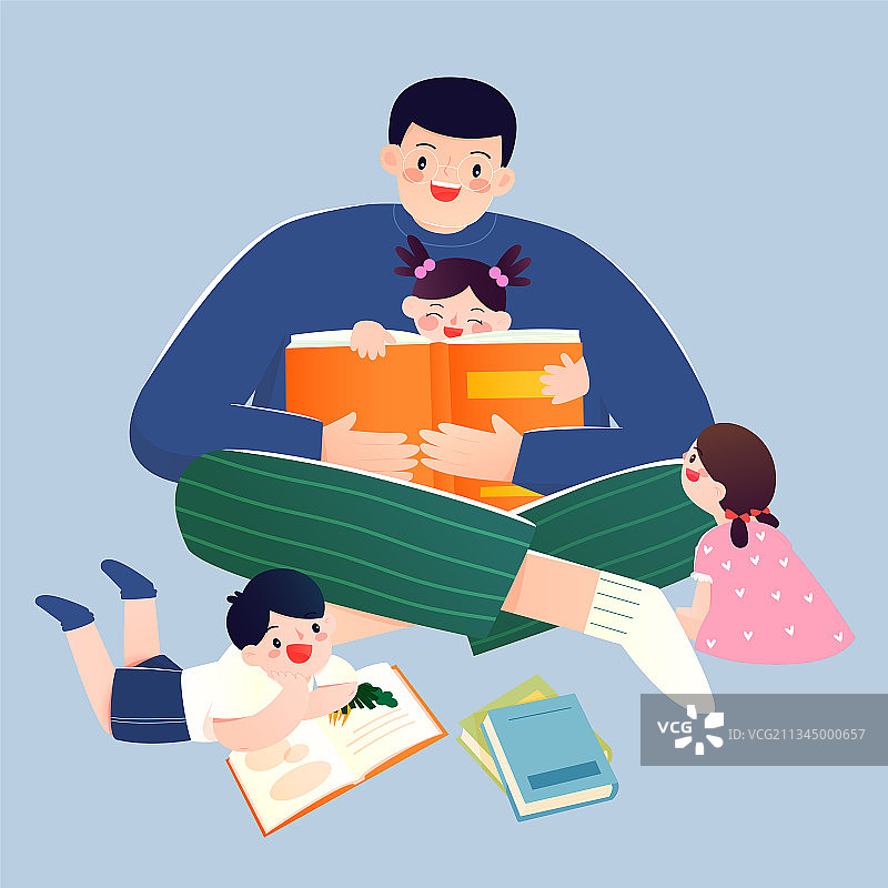 爸爸开心的给三个孩子读书矢量插画人物元素图片素材