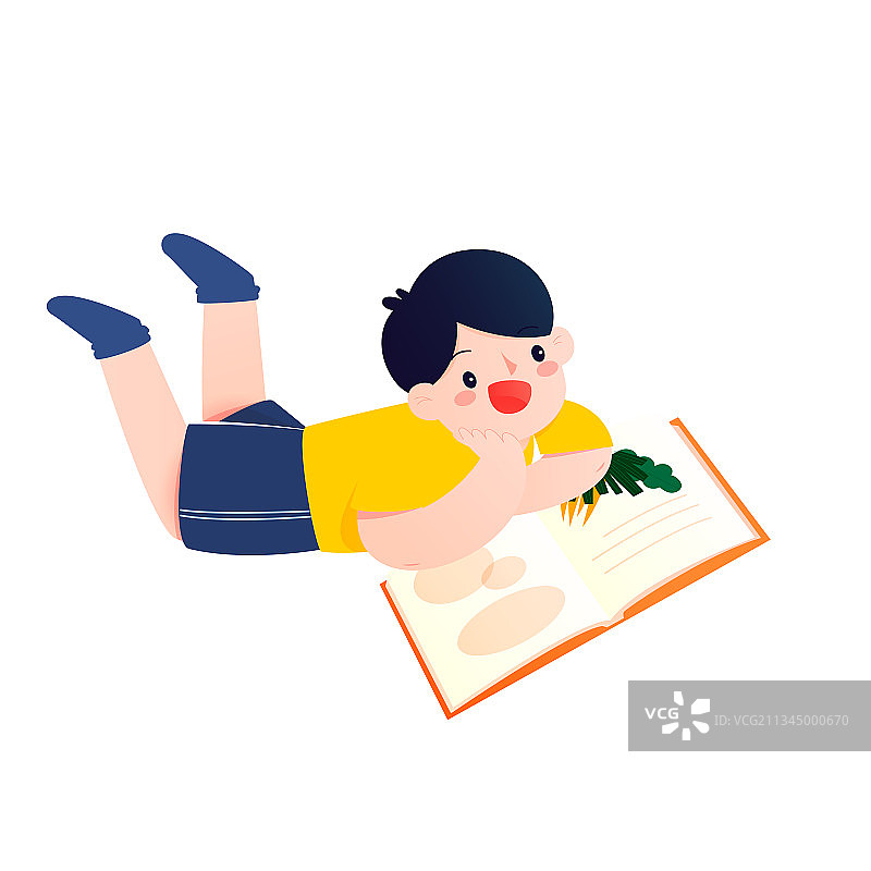 男孩开心的趴着读书矢量人物插画元素图片素材