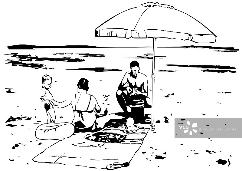 海滩上的一家人的素描图片素材