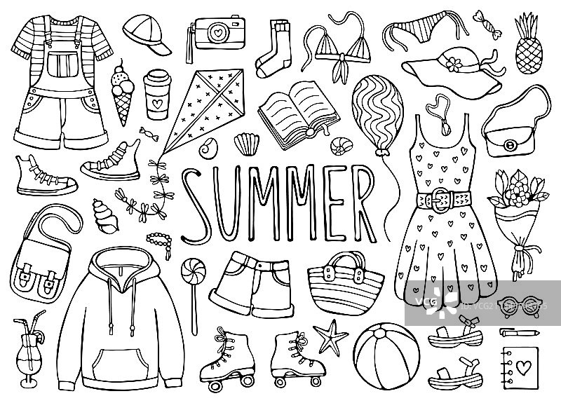 白色背景上的夏季涂鸦黑色元素图片素材