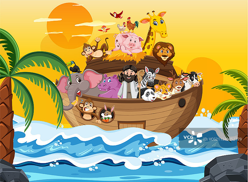 海洋场景中带有动物的诺亚方舟图片素材