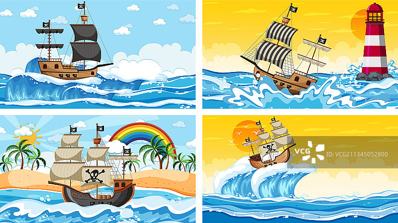 不同时段的海盗船海洋场景图片素材