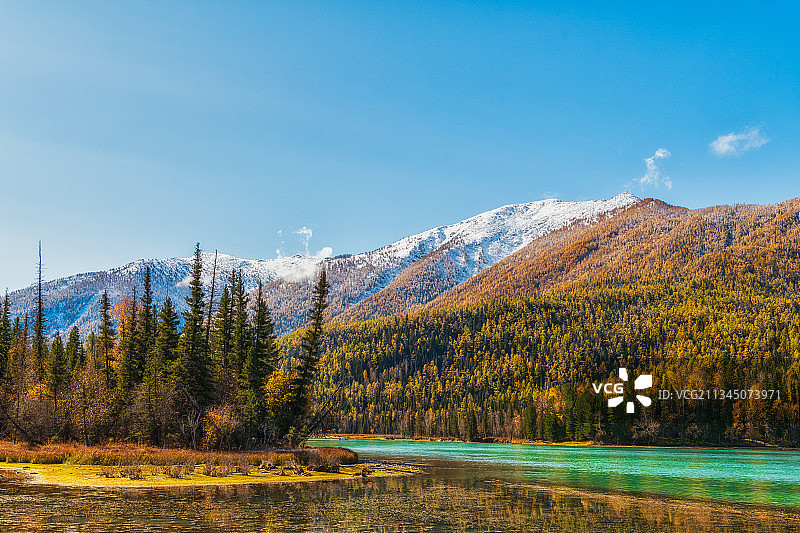 新疆阿勒泰地区布尔津喀纳斯景区喀纳斯河神仙湾秋季清晨户外风光图片素材