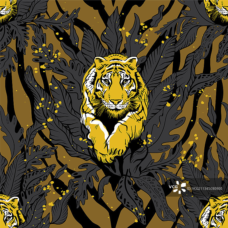 丛林中跳跃的老虎无缝图案图片素材