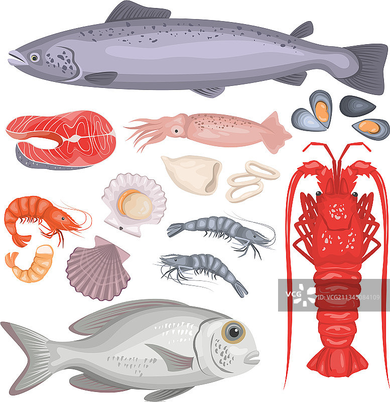 卡通风格海鲜鱼龙虾套装图片素材