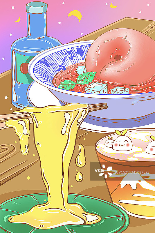 甜品插画广式糖水铺麻薯桃子樱桃酒图片素材