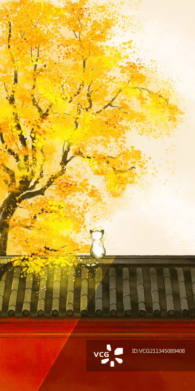 中国风金秋古建筑手绘插画图片素材