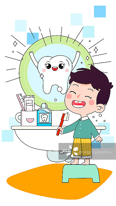 小男孩快乐的对着镜子刷牙矢量插画竖图图片素材
