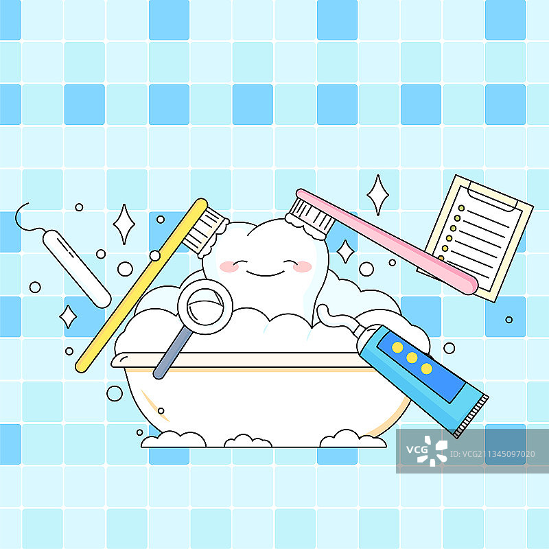 可爱牙齿快乐洗澡矢量插画方图图片素材