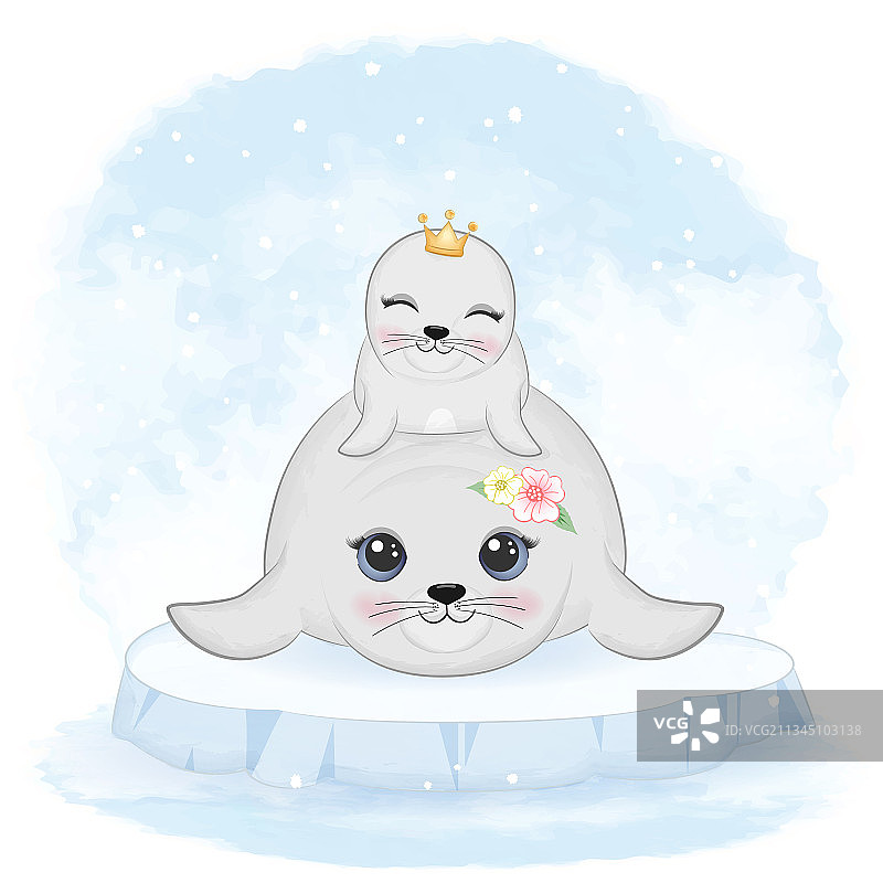 冰面上可爱的小海豹和妈妈图片素材