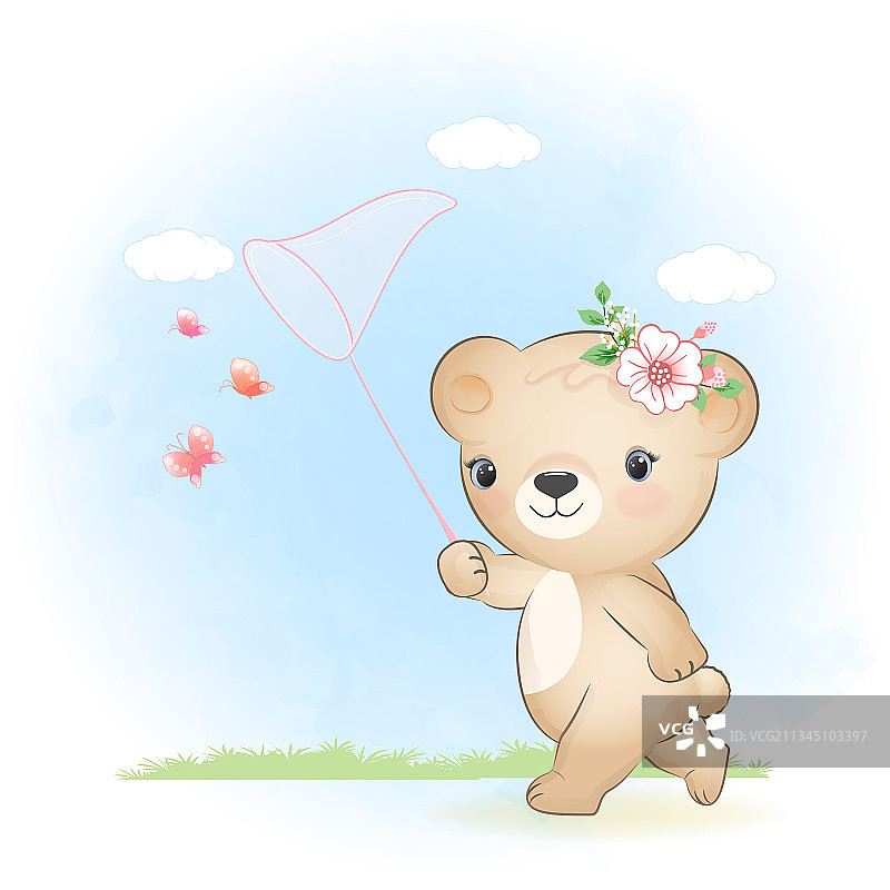 可爱的小熊捕捉蝴蝶图片素材