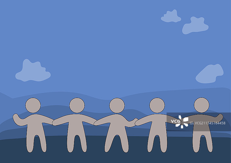 五个人手牵着手站立绘画图片素材