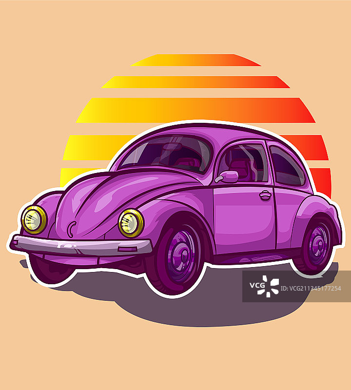 老式大众甲壳虫与日落背景图片素材