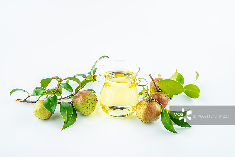 白背景上的油茶果和茶籽油图片素材