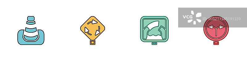 交通锥、环岛与交通标志套装图片素材