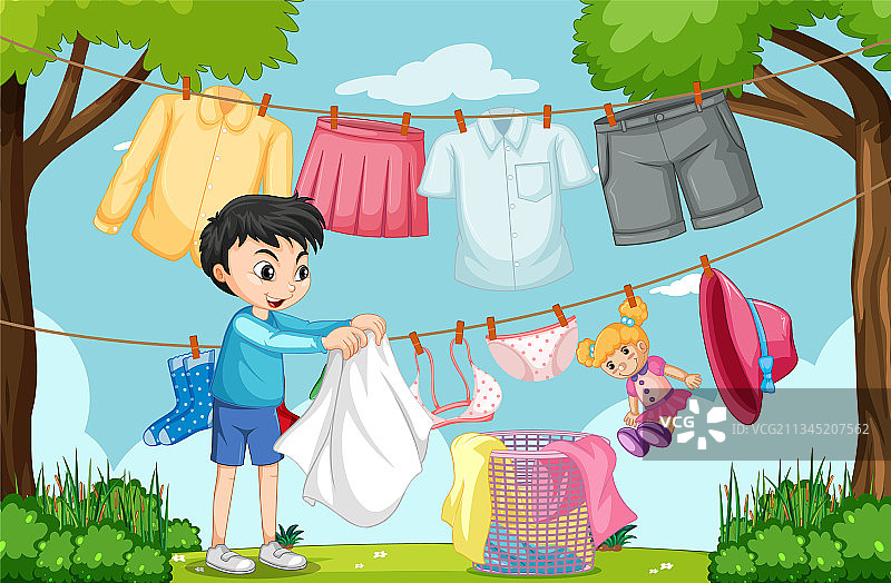 男孩在户外晾衣服场景图片素材