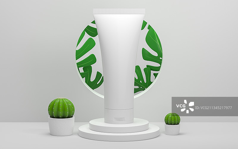 护肤品与绿色植物 3D渲染图片素材