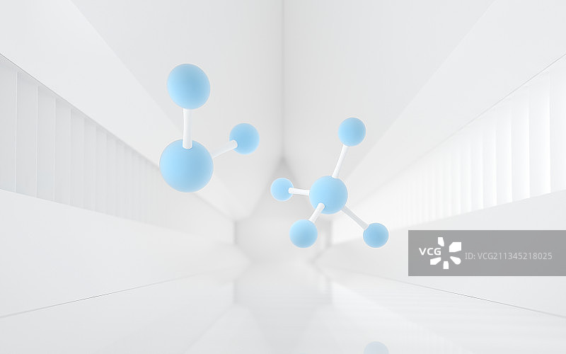 化学分子与白色室内背景 三维渲染图片素材