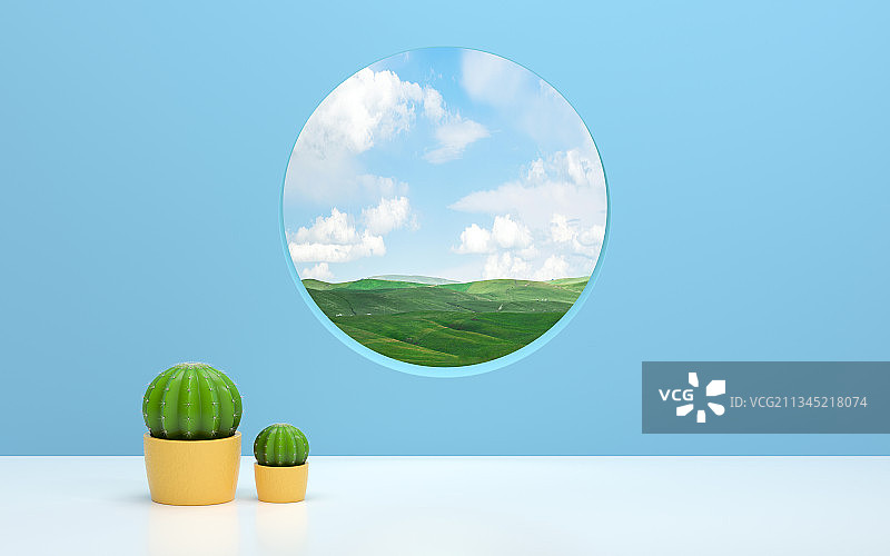 仙人球盆栽创意背景 3D渲染图片素材