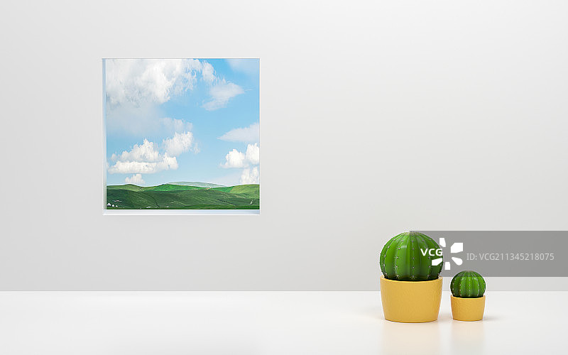 仙人球盆栽创意背景 3D渲染图片素材