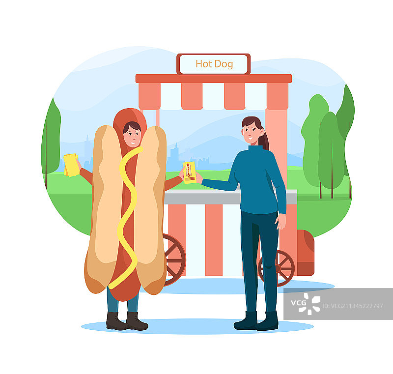 在热狗店发放宣传单的女性角色图片素材