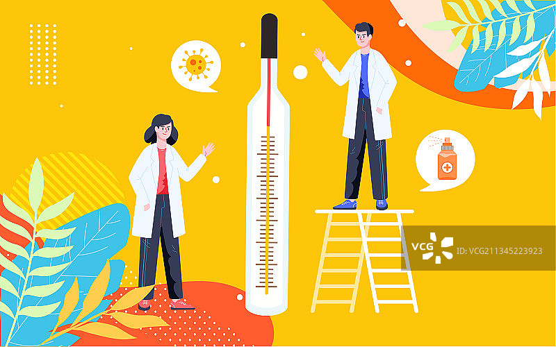 疫情防疫海报医生发烧生病量体温温度计插画图片素材
