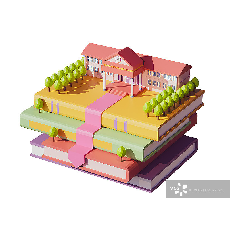 3D卡通风格书籍上的图书馆透明背景插图图片素材